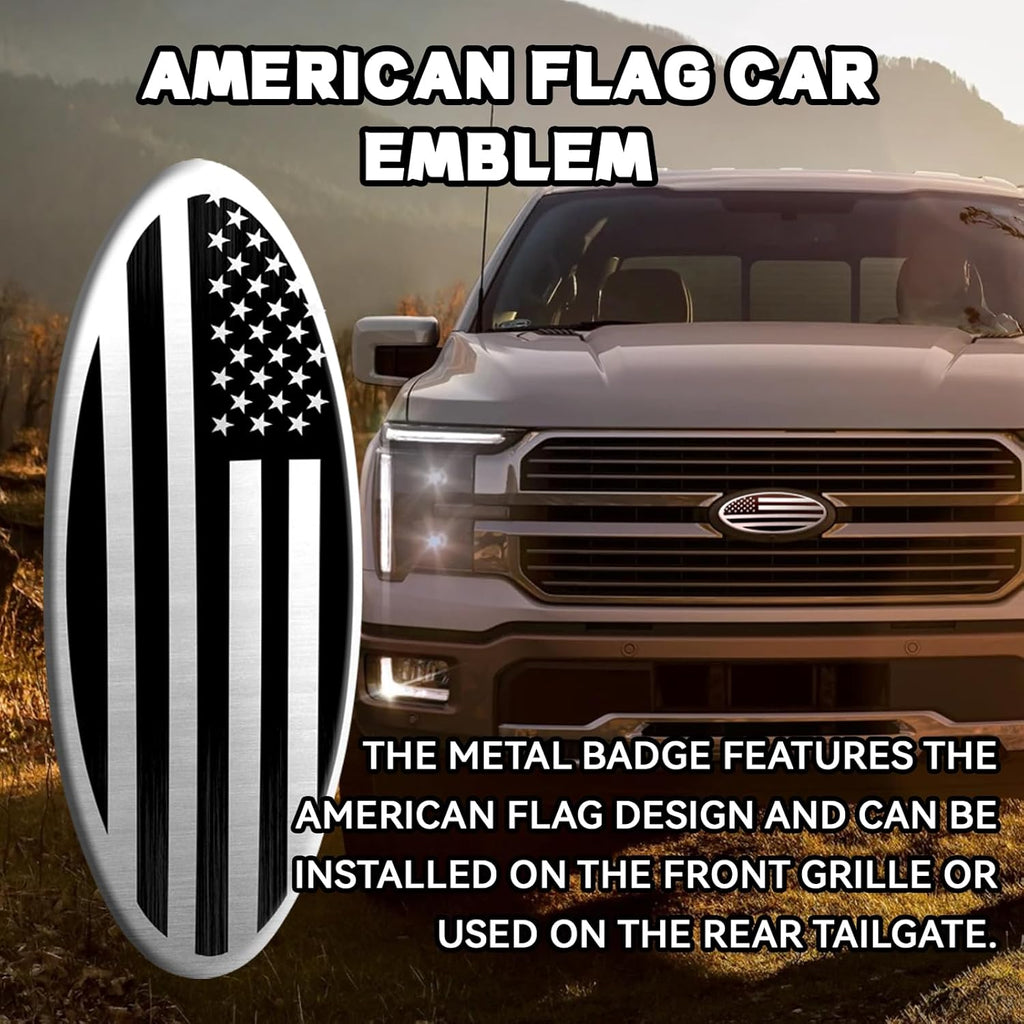 Ford F150 F250 F350 Silver American Flag Tailgate Emblem - 9 Inch Aluminum Oval Overlay Decal for Front Grill and Rear Tailgate