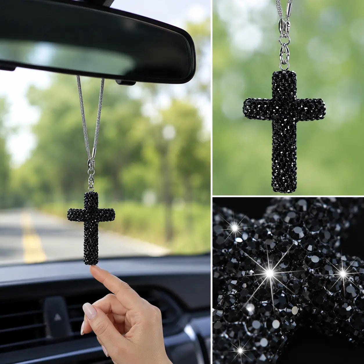 Bling Cross Car Hanging Ornament – Rhinestone Stainless Steel Rearview Mirror Pendant, Car Interior Decoration Accessory for Women & Men