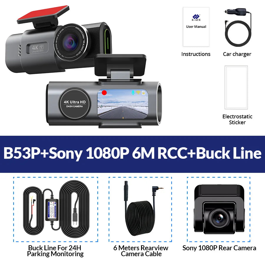 Dash Cam 4K UHD with Built-In Wi-Fi Support GPS 24H Parking