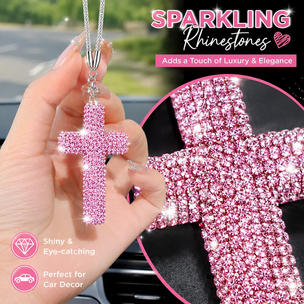 Bling Cross Car Hanging Ornament – Rhinestone Stainless Steel Rearview Mirror Pendant, Car Interior Decoration Accessory for Women & Men