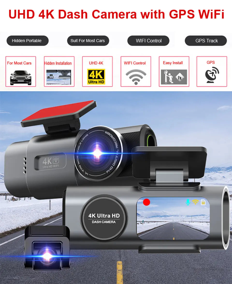 Dash Cam 4K UHD with Built-In Wi-Fi Support GPS 24H Parking