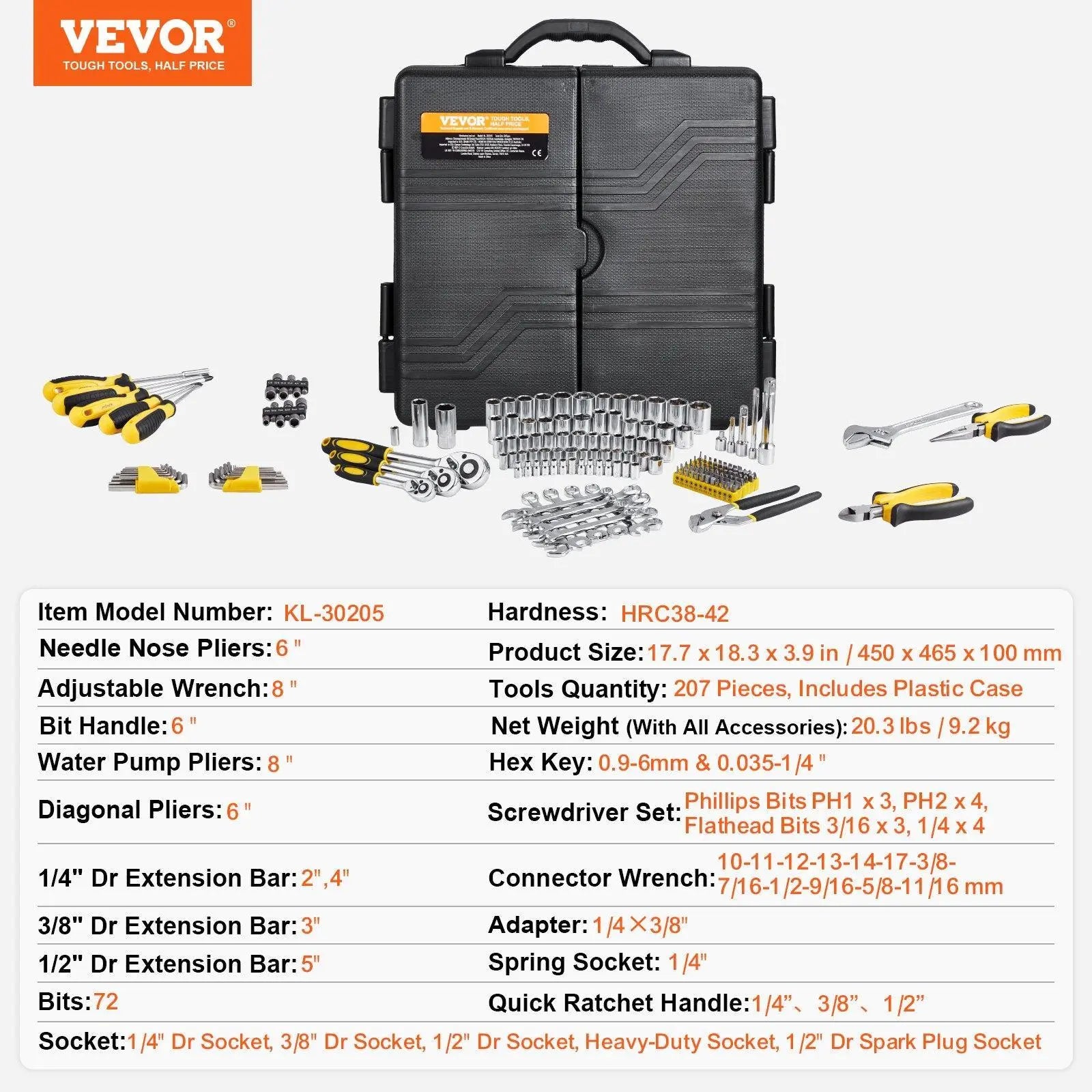 VEVOR Mechanics Tool Set, 205 Pcs 1/4" 3/8" 1/2" Drive Deep and Standard Sockets, SAE and Metric Mechanic Tool Kit with Bits, Combination Wrench, Hex Wrenches, Accessories, Storage Case VEVOR Super Brand Day