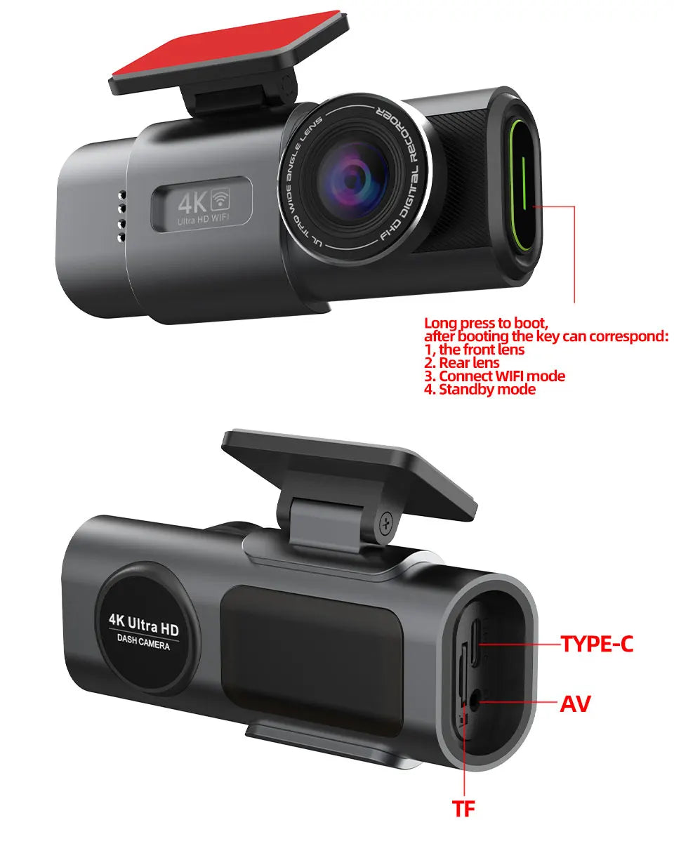 Dash Cam 4K UHD with Built-In Wi-Fi Support GPS 24H Parking