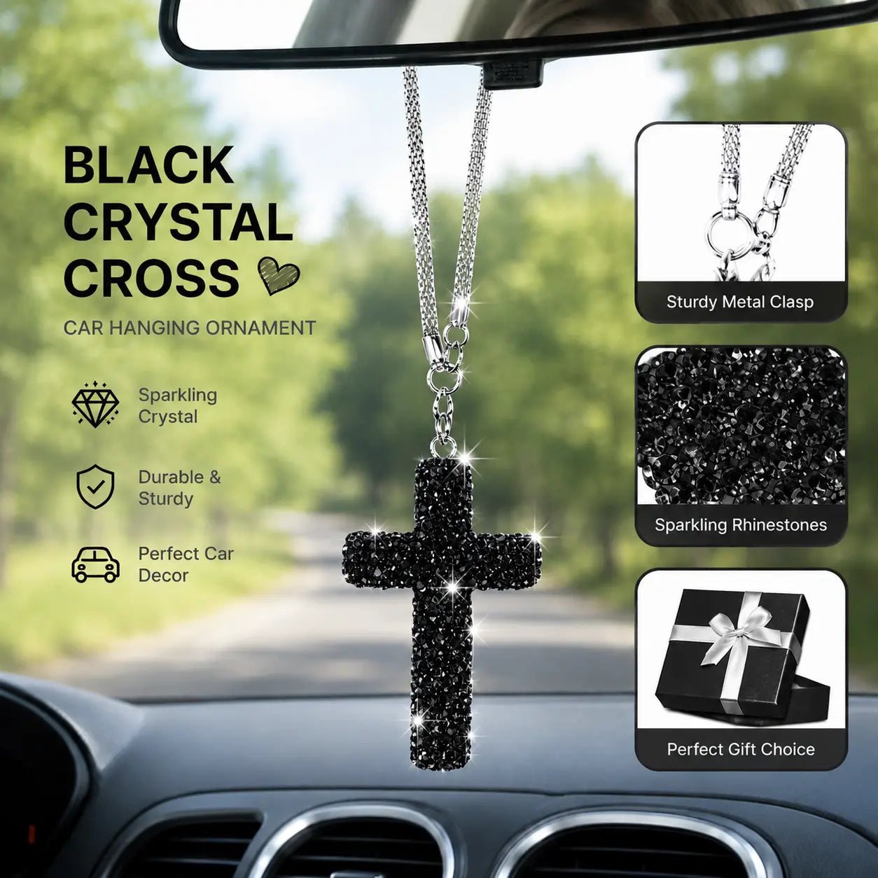 Bling Cross Car Hanging Ornament – Rhinestone Stainless Steel Rearview Mirror Pendant, Car Interior Decoration Accessory for Women & Men