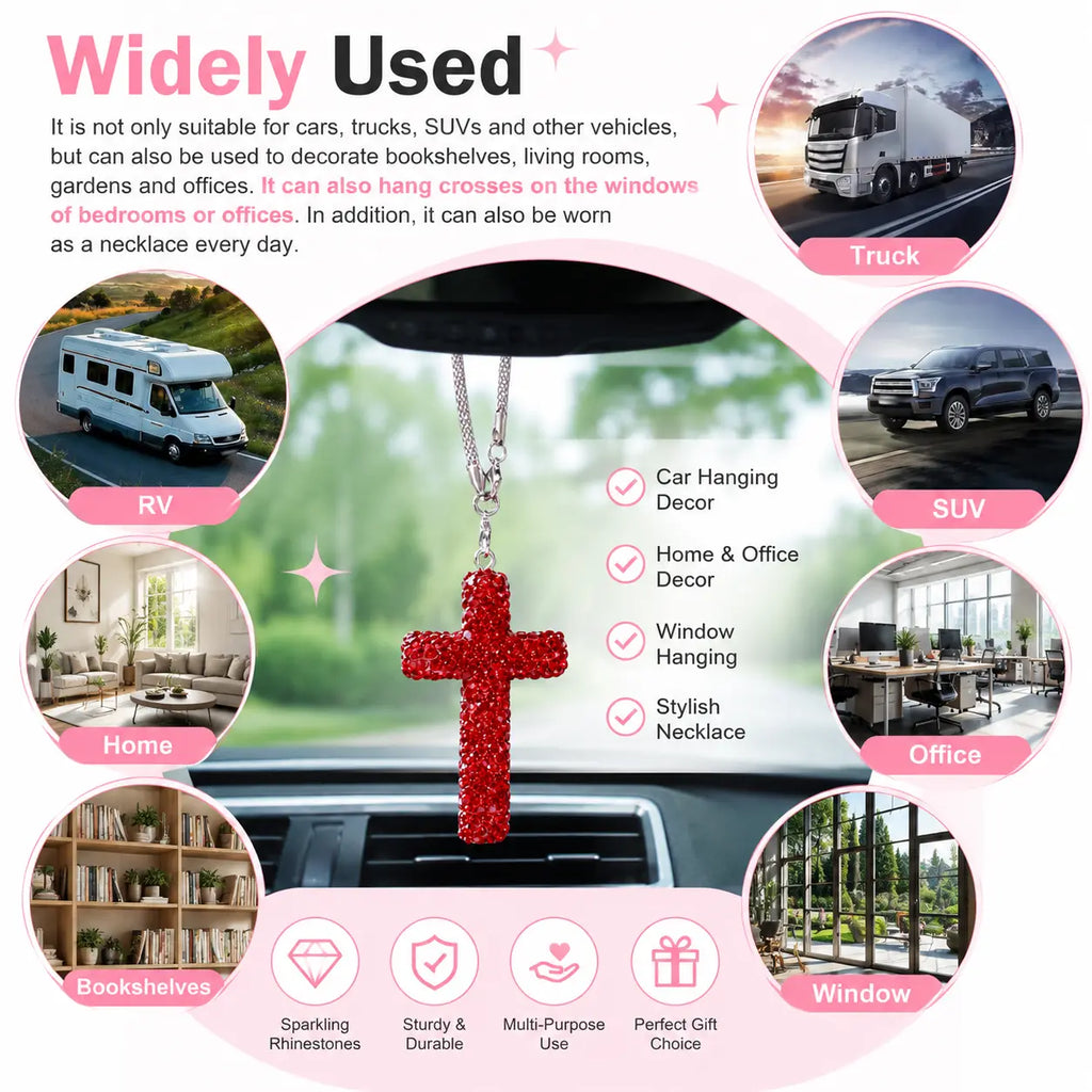 Bling Cross Car Hanging Ornament – Rhinestone Stainless Steel Rearview Mirror Pendant, Car Interior Decoration Accessory for Women & Men