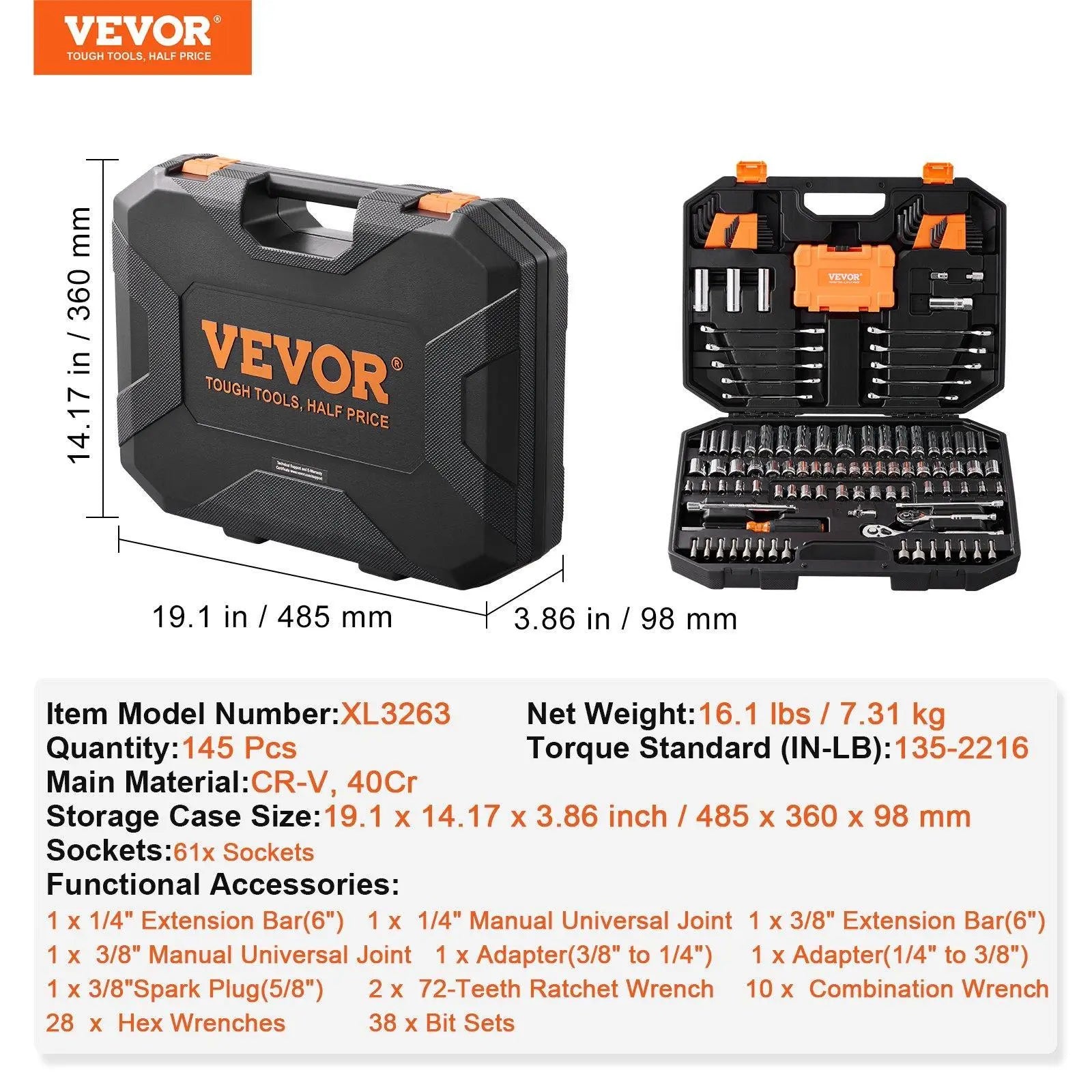 VEVOR Mechanics Tool Set, 205 Pcs 1/4" 3/8" 1/2" Drive Deep and Standard Sockets, SAE and Metric Mechanic Tool Kit with Bits, Combination Wrench, Hex Wrenches, Accessories, Storage Case VEVOR Super Brand Day