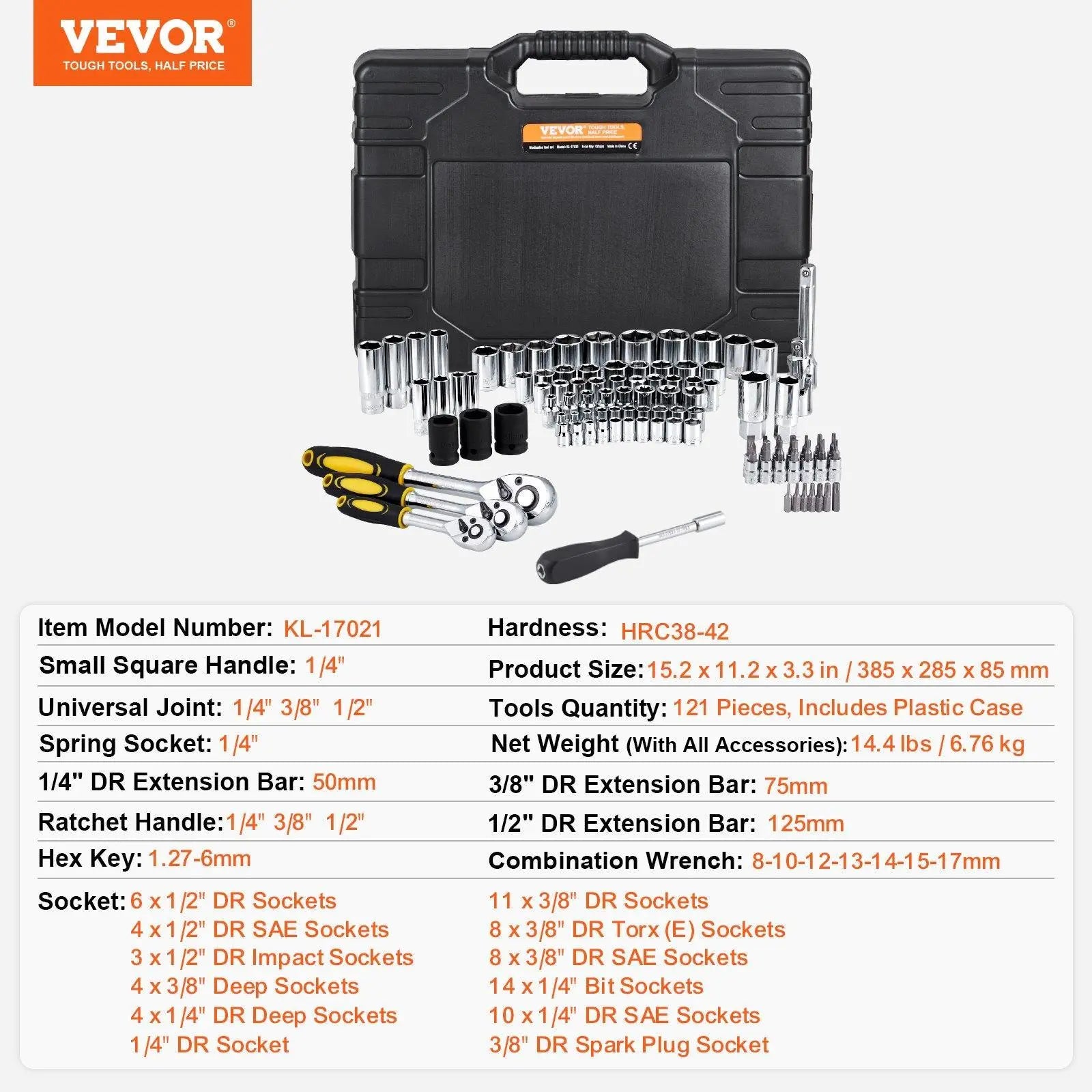 VEVOR Mechanics Tool Set, 205 Pcs 1/4" 3/8" 1/2" Drive Deep and Standard Sockets, SAE and Metric Mechanic Tool Kit with Bits, Combination Wrench, Hex Wrenches, Accessories, Storage Case VEVOR Super Brand Day