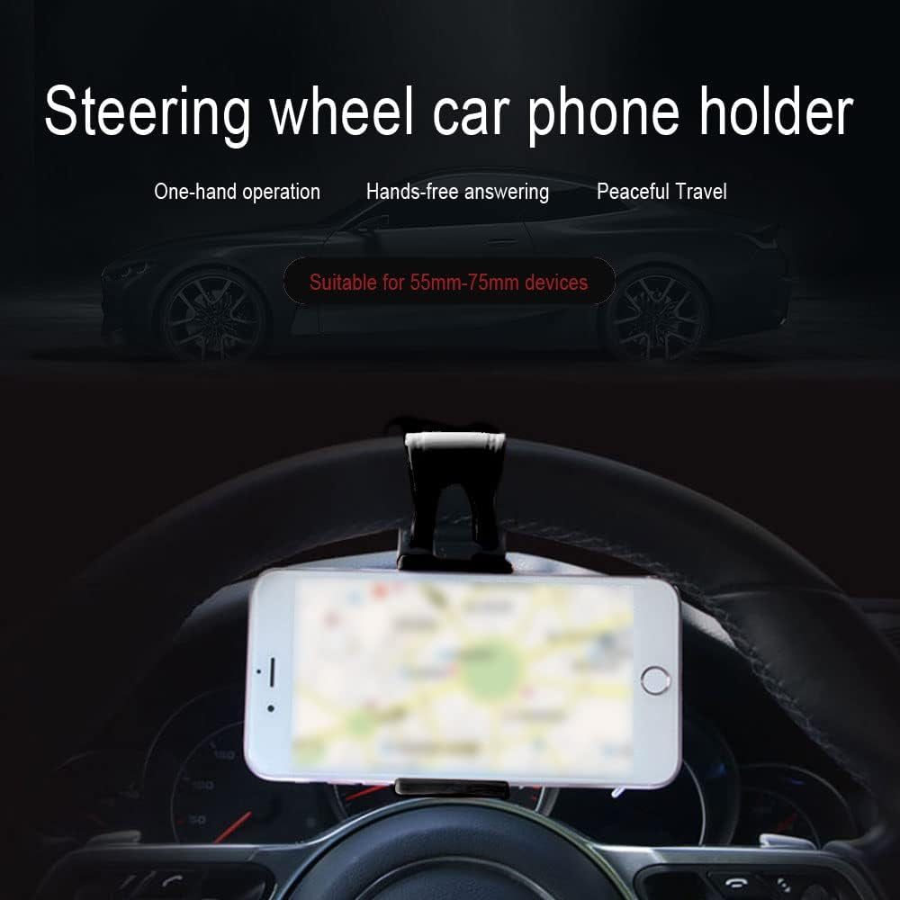 Adjustable Car Phone Cradle - Universal Mobile Phone Mount for Steering Wheel, Hands-Free Automobile Cell Phone Holder (Black)