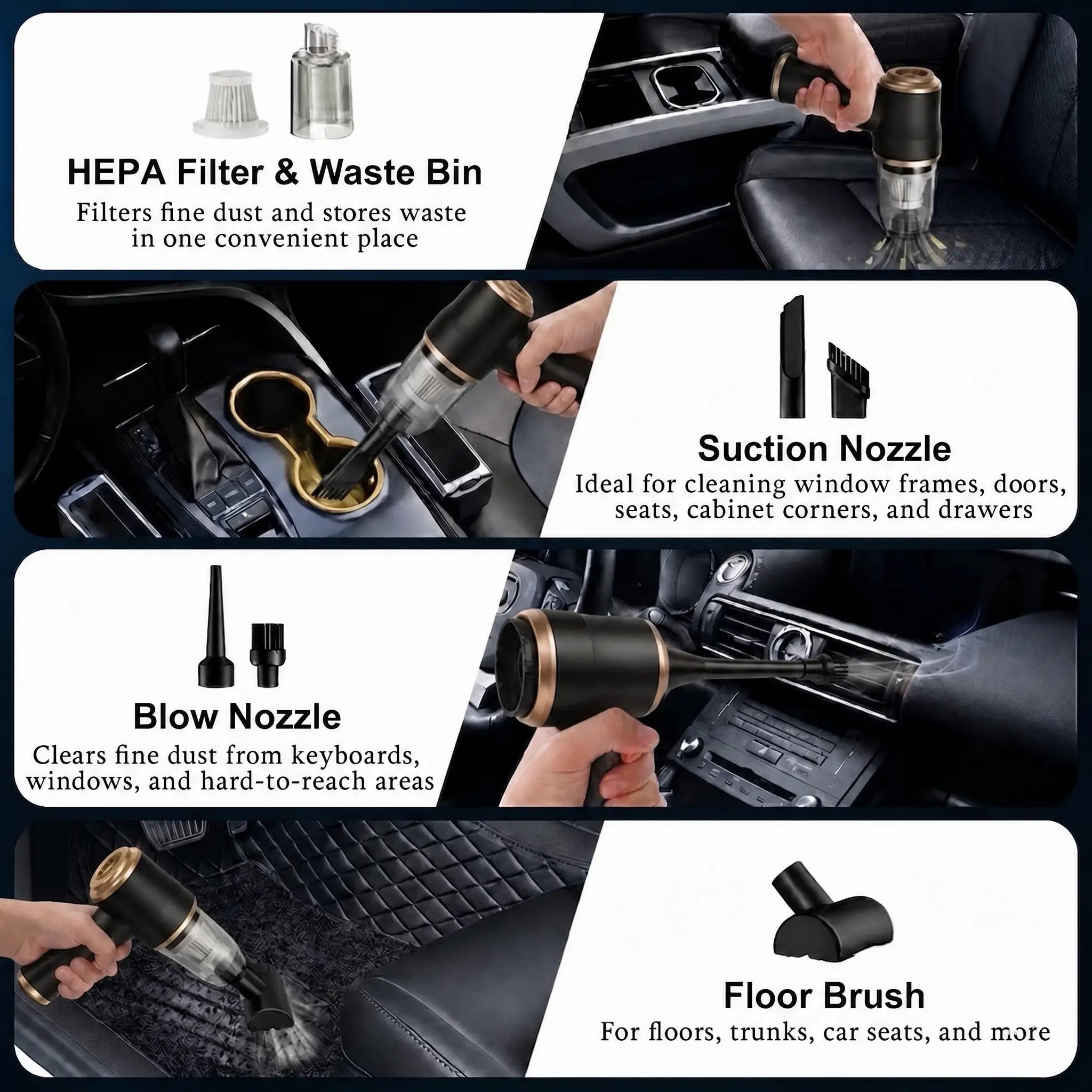 Vacuum Cleaner Cordless Vacuum 15000Pa High Power Car Vacuum and 2-In-1 Air Duster 50000 RPM Portable Handheld Cleaning Tool for Auto Detailing and Interior Dirt with Washable HEPA Filter