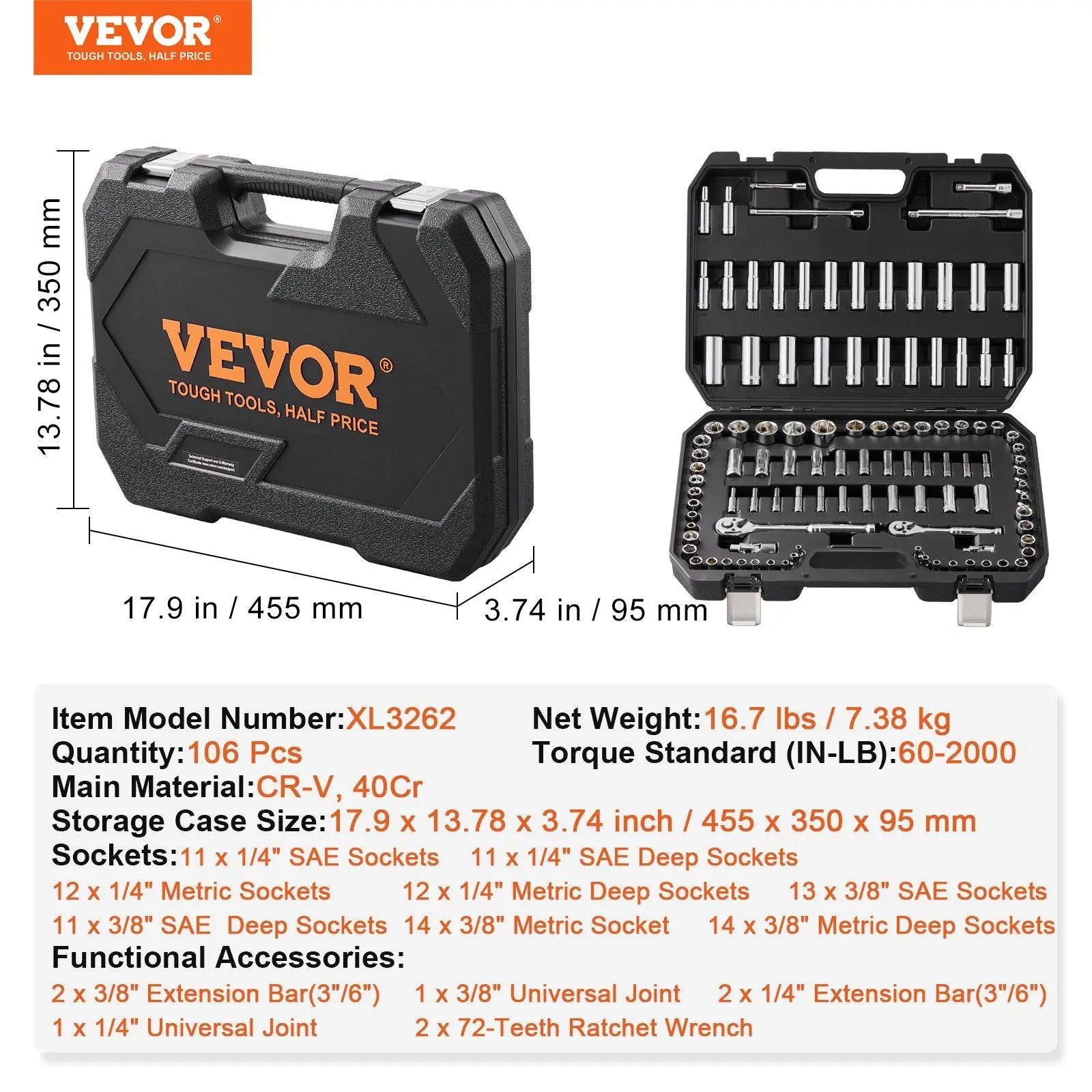 VEVOR Mechanics Tool Set, 205 Pcs 1/4" 3/8" 1/2" Drive Deep and Standard Sockets, SAE and Metric Mechanic Tool Kit with Bits, Combination Wrench, Hex Wrenches, Accessories, Storage Case VEVOR Super Brand Day