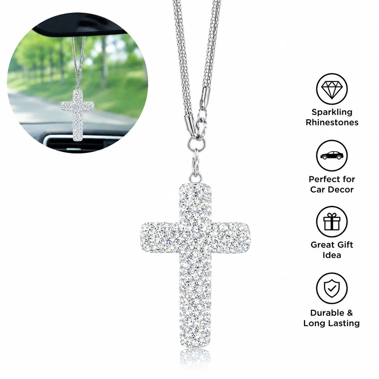 Bling Cross Car Hanging Ornament – Rhinestone Stainless Steel Rearview Mirror Pendant, Car Interior Decoration Accessory for Women & Men