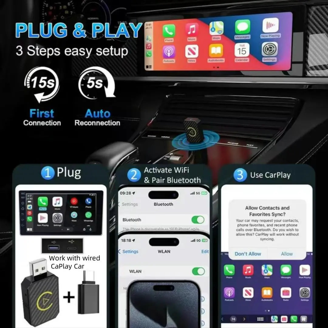 Wireless Car Adapter, Car Adapter Compatible with Carplay, Plug & Play Car Adapter, Compatible with Iphone & Android Devices, Convert Wired to Wireless for Car, Carplay Converter