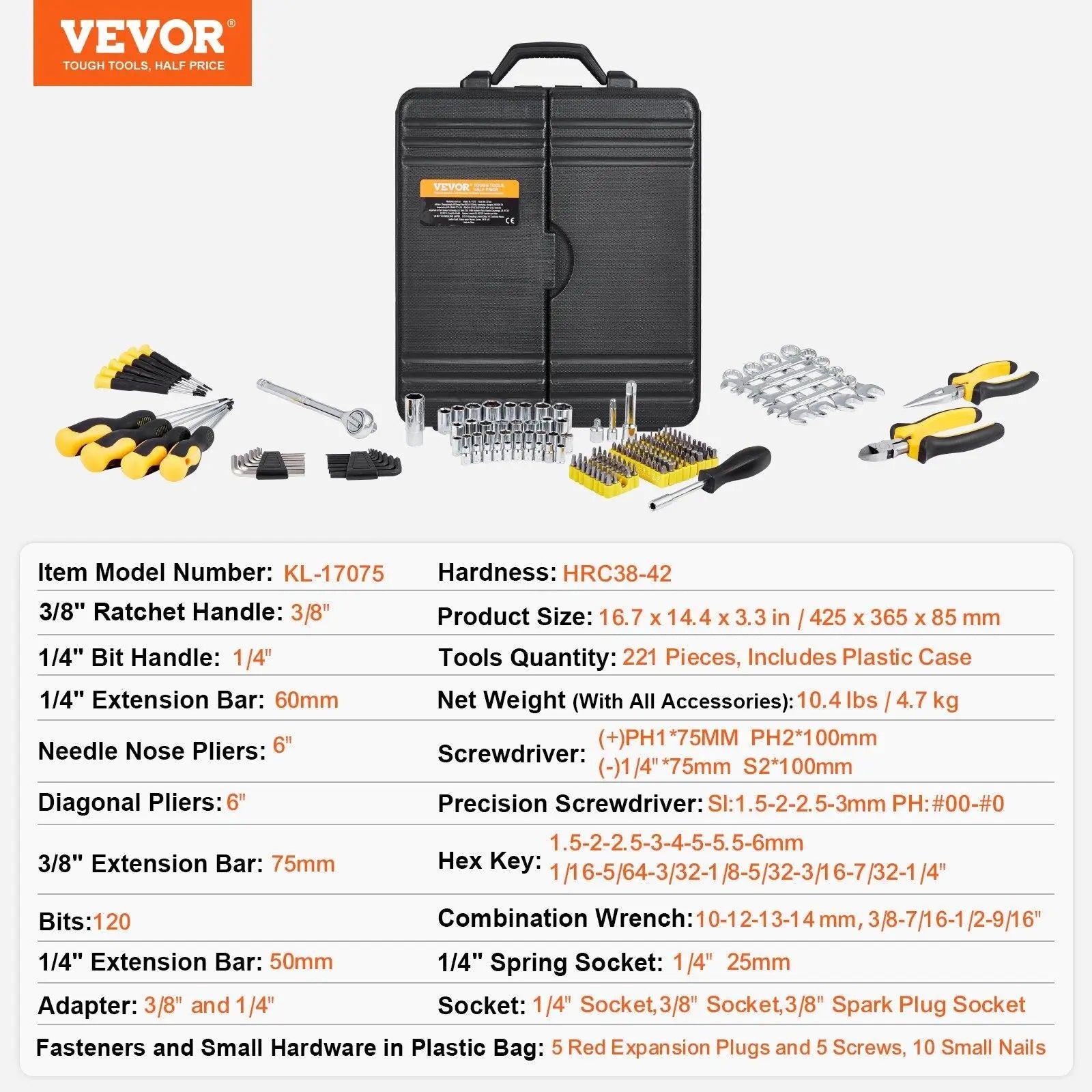 VEVOR Mechanics Tool Set, 205 Pcs 1/4" 3/8" 1/2" Drive Deep and Standard Sockets, SAE and Metric Mechanic Tool Kit with Bits, Combination Wrench, Hex Wrenches, Accessories, Storage Case VEVOR Super Brand Day