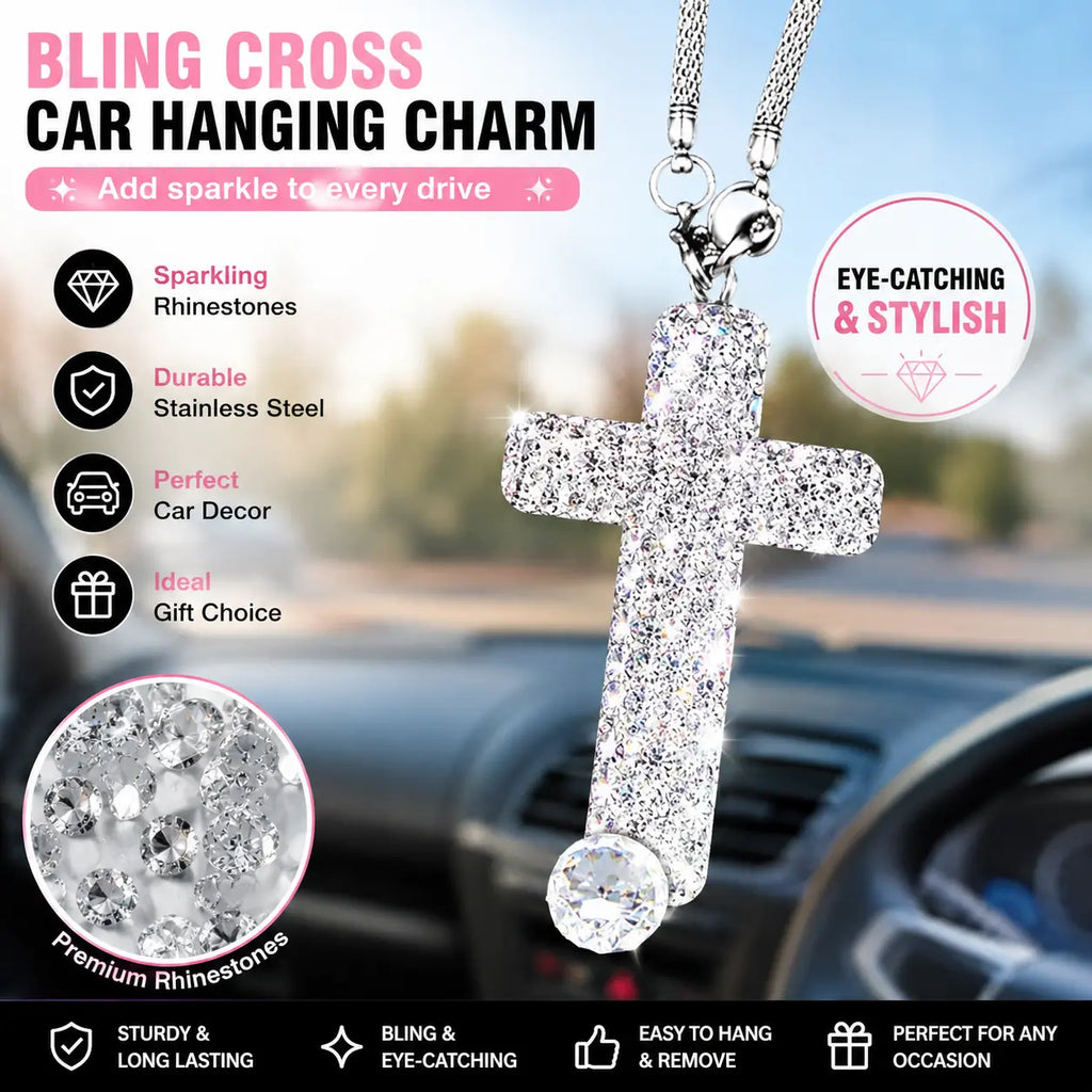 Bling Cross Car Hanging Ornament – Rhinestone Stainless Steel Rearview Mirror Pendant, Car Interior Decoration Accessory for Women & Men
