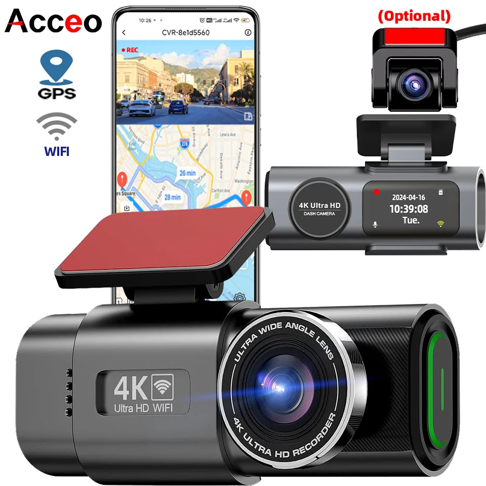 Dash Cam 4K UHD with Built-In Wi-Fi Support GPS 24H Parking