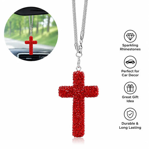 Bling Cross Car Hanging Ornament – Rhinestone Stainless Steel Rearview Mirror Pendant, Car Interior Decoration Accessory for Women & Men